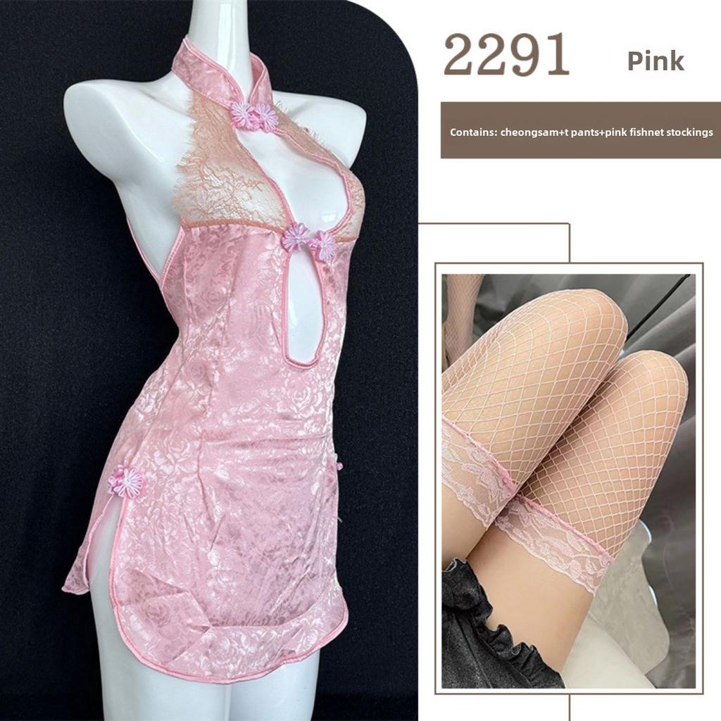 Retro Cheongsam Free Sex Underwear Side Split Mesh Transparent Lace Large Size Uniform Temptation