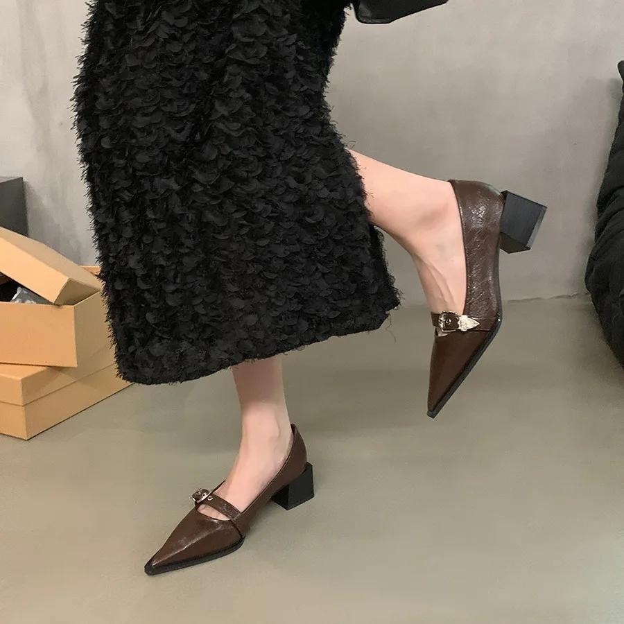 Fashion 2024 New Summer Women's Dress Shoes Patent Leather Slip On Pointed Toe Sandals Buckle Slingbacks Mid Heels Pumps Sandalias Mujer