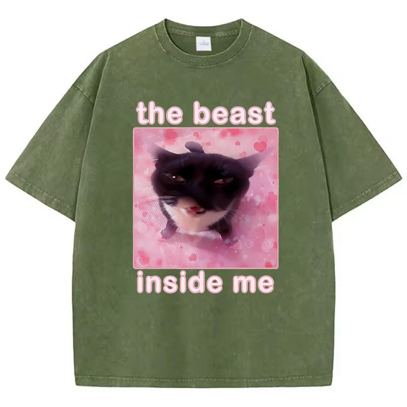 

Streetwear T Shirt Vintage Washed Cotton T-Shirt The Beast Inside Me Cat Graphic Tee Casual Streetwear Spring Summer 3XL