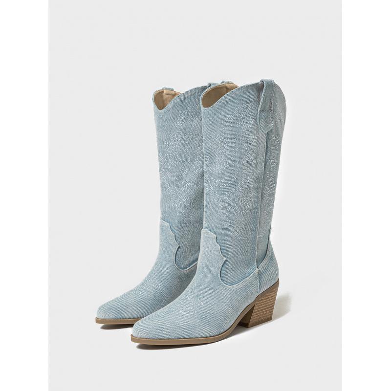 Embroidered Mid-calf Boots Women Pointed Toe Western Cowboy Shoes Fashion Block Heels Booties Plus Size 35-43 Ladies Footwear
