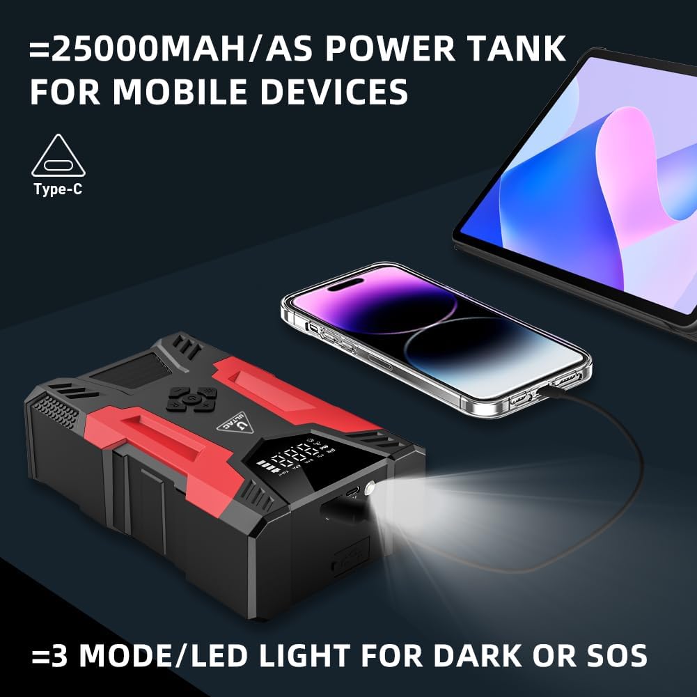 Jump Starter with Air Compressor Portable Jump Pack for Car Battery 150PSI 12V Air Pump with Air Compressor Portable Power Bank Charger LCD Display