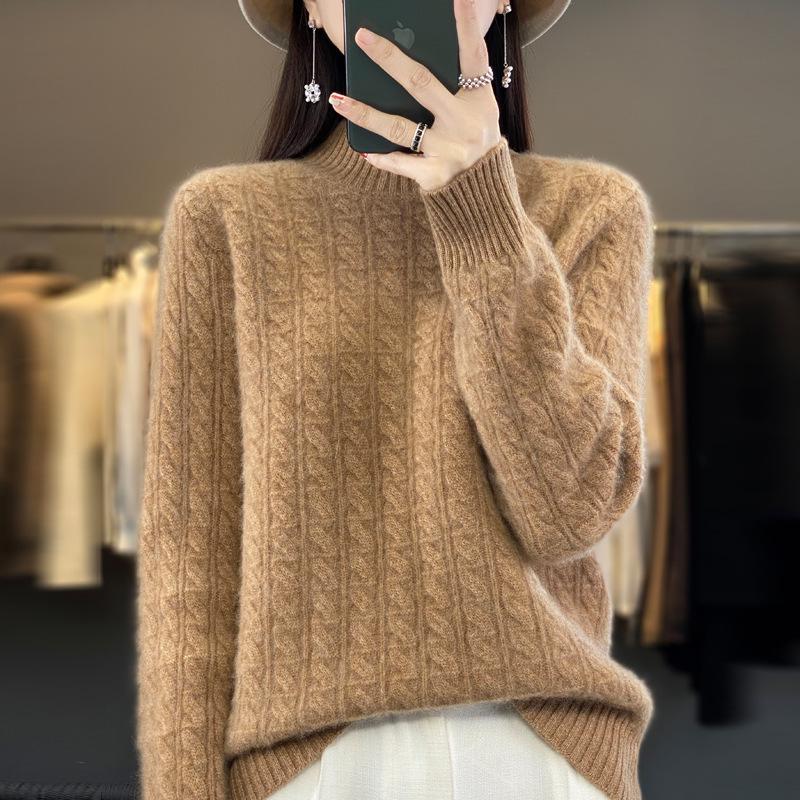 2023 Autumn/Winter Women's Korean Wool Cable Knit Round Neck Sweater