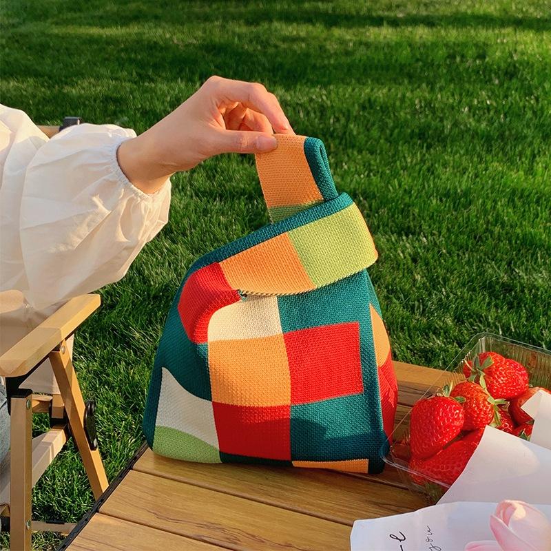 Luxury Design Stripe Knitted Small Handbag and Purse Fashi Korean Trendy Travel Shoulder Bag Wrist Bag Summer Shopper Tote