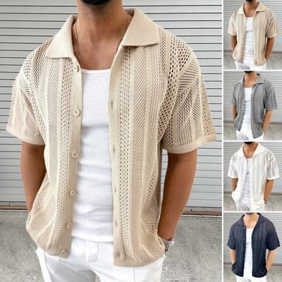 Men's Vintage Knitted Shirt Short Sleeve Lapel Hollow Out Shirt Button Down Casual