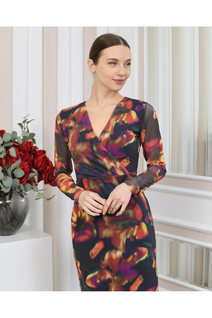 Women's Big Size Dress V-Neck Lycra Printed Tulle Dress