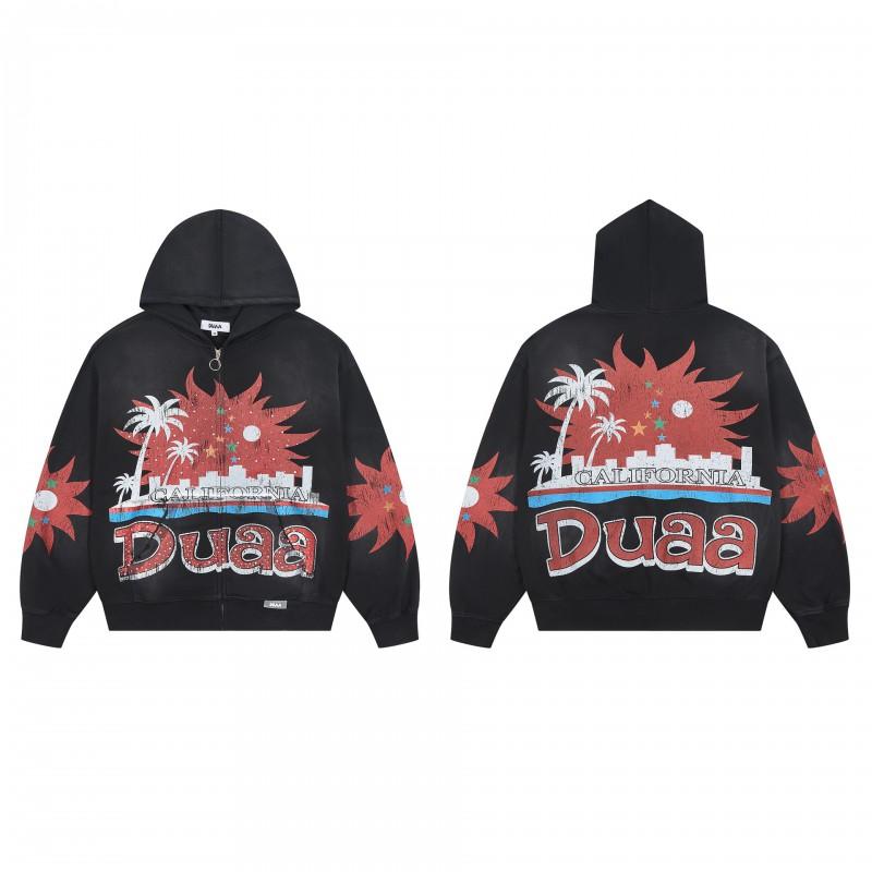Vintage Washed Hoodie With Rhinestone Embroidery Streetwear Hip Hop Oversized Zip-Up Sweatshirt Men