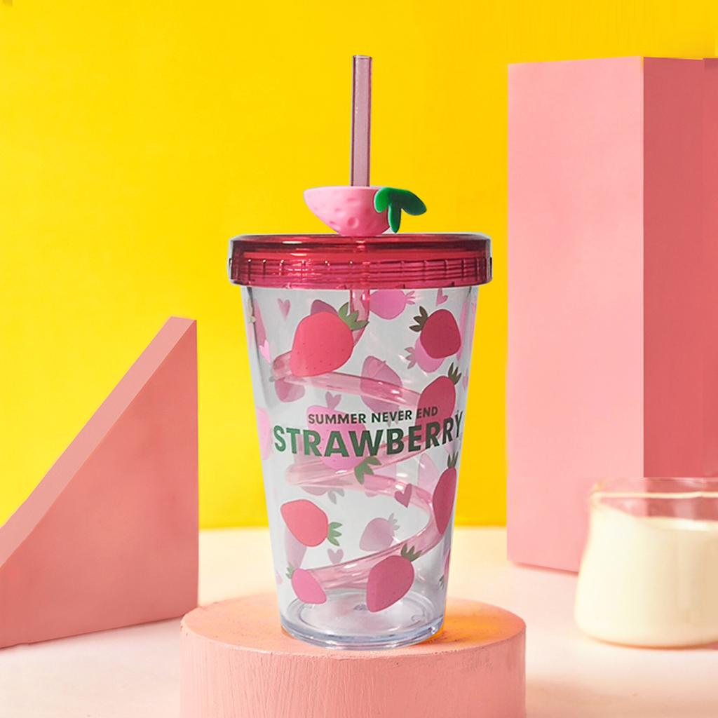 480ml Fruit Patterned Plastic Cup With Straw Transparent Juice Beverage Water Bottle for Drinking Ice Water Coffee Portable Mug