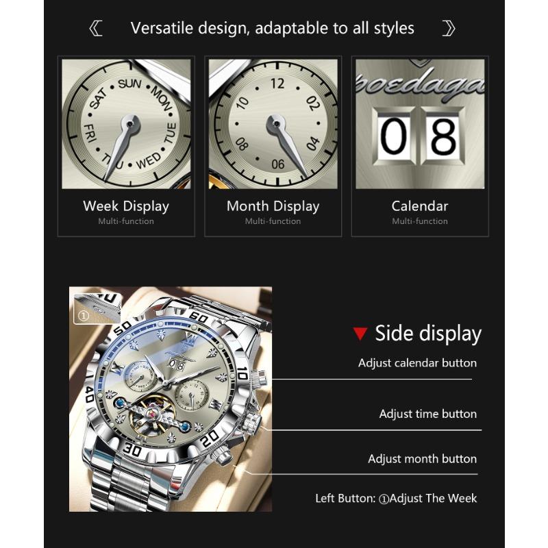POEDAGAR Top Luxury Men Watch Automatic Date Week Man Wristwatch Hollow Tourbillon Mechanical Stainless Steel Watches