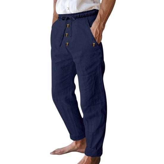 Men's Casual Linen Trousers Elastic Waist Drawstring Baggy Trousers Solid Color Loose Fit Summer Pants with Pockets for Beach Yoga Wear