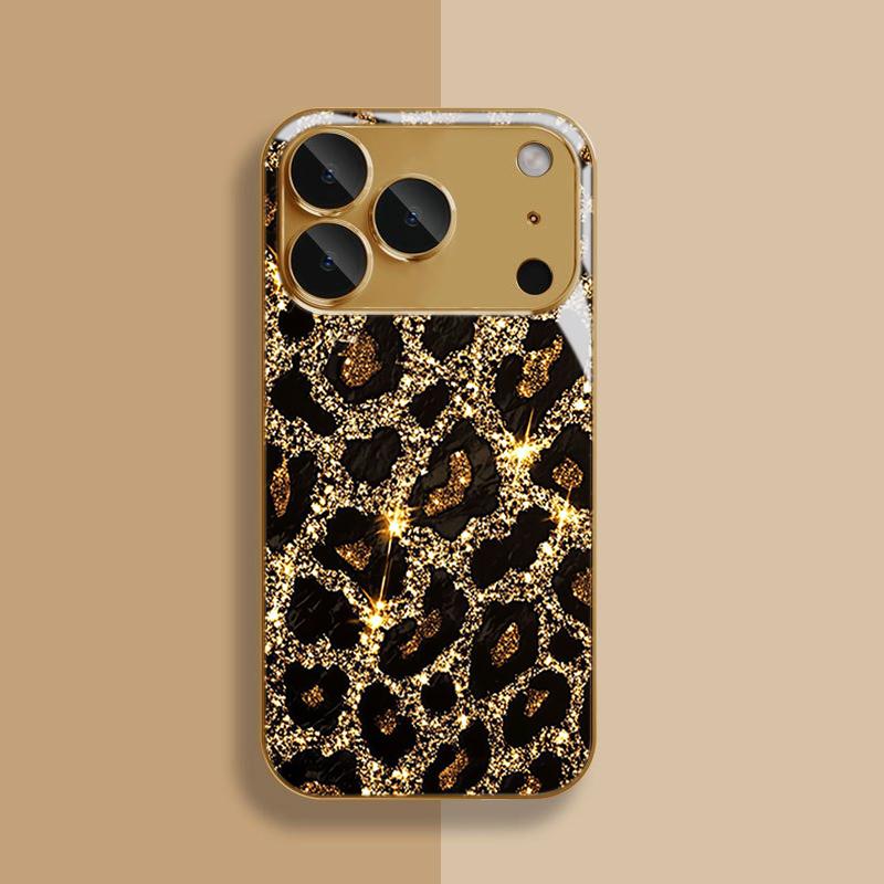 Golden Leopard Print Flash Tempered Glass Phone Case For iPhone 17 Pro Max 16 15 14 Plus 11 12 13 Pro Max 16E 17 Air Hard Cover