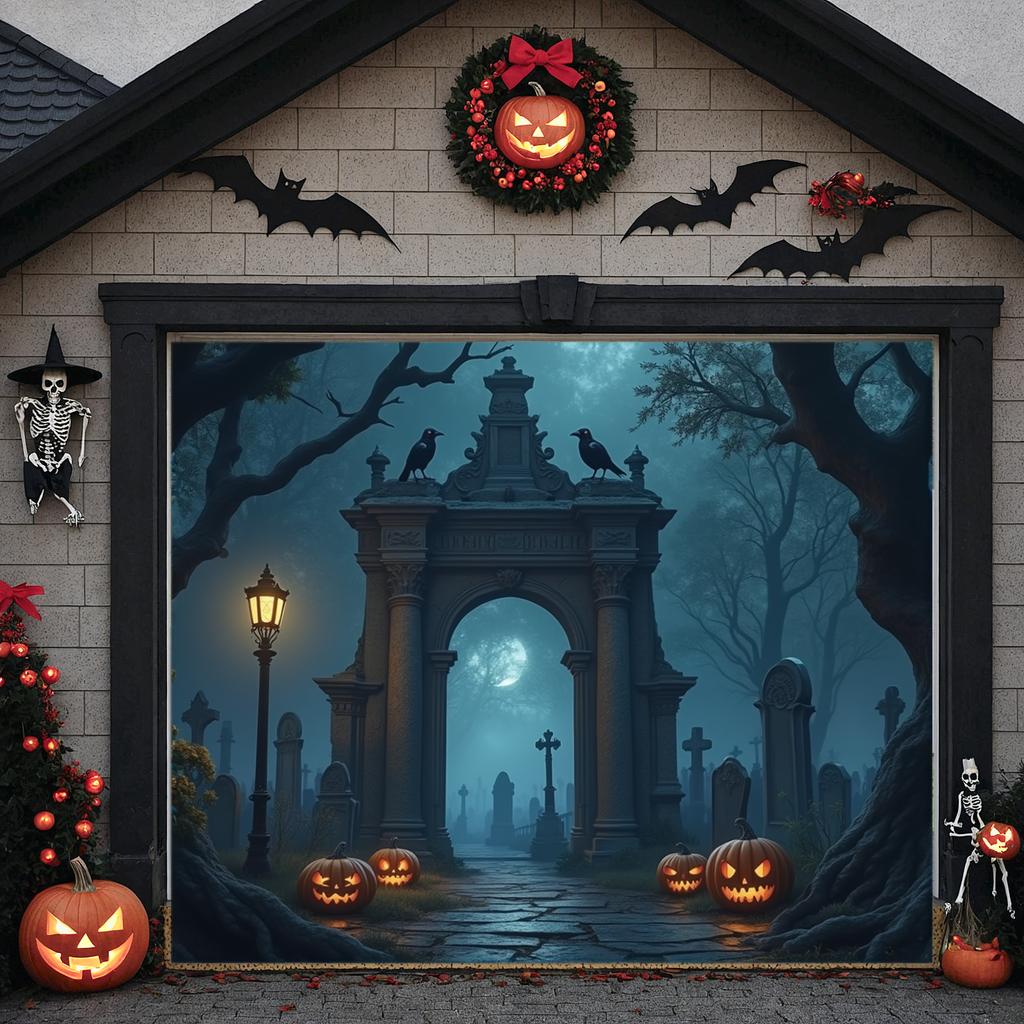 Halloween Decor Outdoor Suitable Graveyard Scene Halloween Banner LED Light Haunted House For Event Background Outdoor Event
