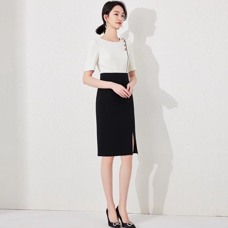 Summer Color Block Mid-Length Professional Dress for Beauty Salon & Jewelry Store Workwear