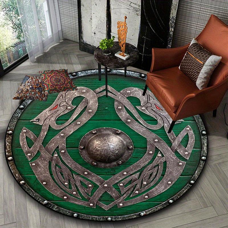 Viking Shield Sea Dragon Rug,  Non Skid Mat, Battleworn Green Valhalla Decor for Living Room, Bedroom, Yoga Space