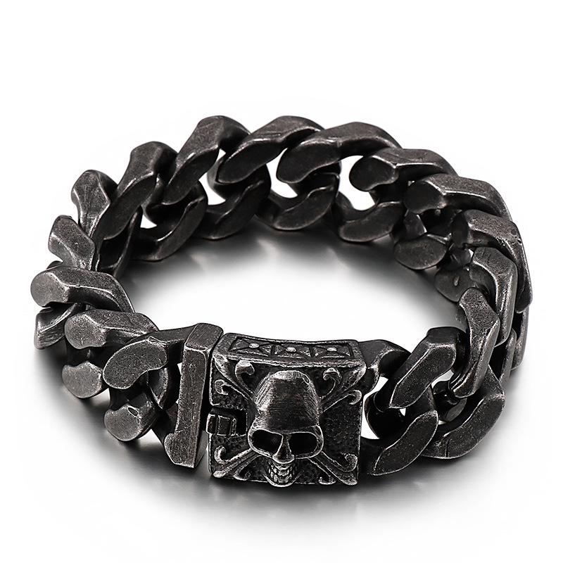 Personalized Men's Titanium Cuban Chain Skull Bracelet