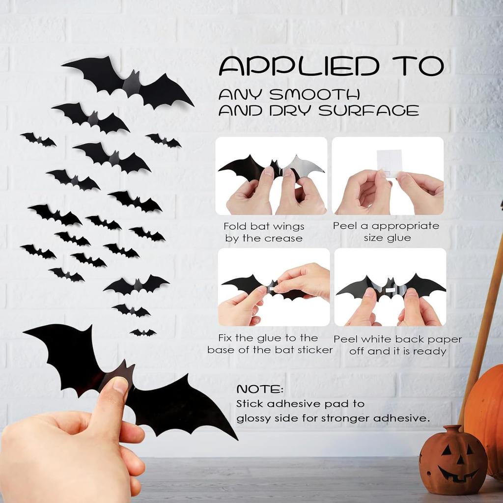 Bats Halloween Wall Decor - 81 Pcs Reble 3D PVC Decorative Wall Bats with Double-Sided Adhesive