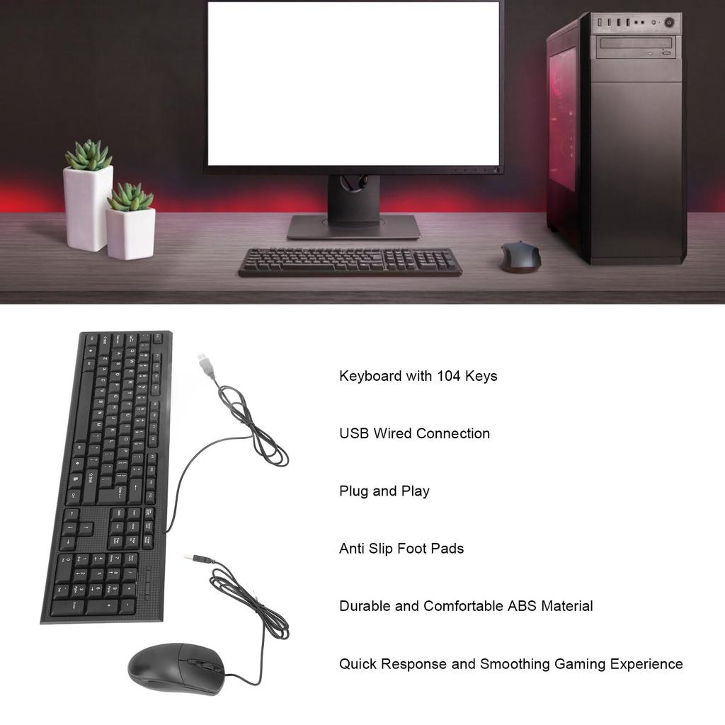 Tastatur und Maus USB-Kabelgebundenes Tastatur- und Maus-Combo-Set für Gaming und Bürogebrauch, 104-Tasten-Set, Rutschfest Wasserdicht,