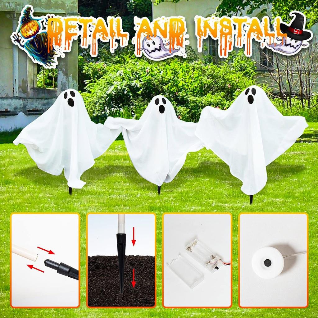 Halloween Decorations, 3-piece Glowing Outdoor Set, Sidewalk Warm LED Lights, Spooky Yard Stakes, Garden Decor