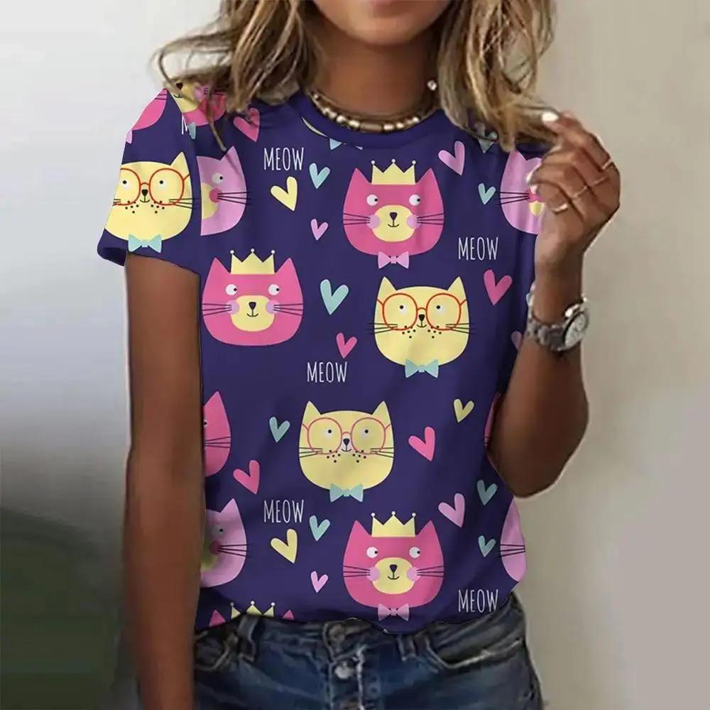 Women's T-shirt Summer casual round neck top Short sleeved loose T-shirt Daily short sleeved 3D printed cartoon cat pattern