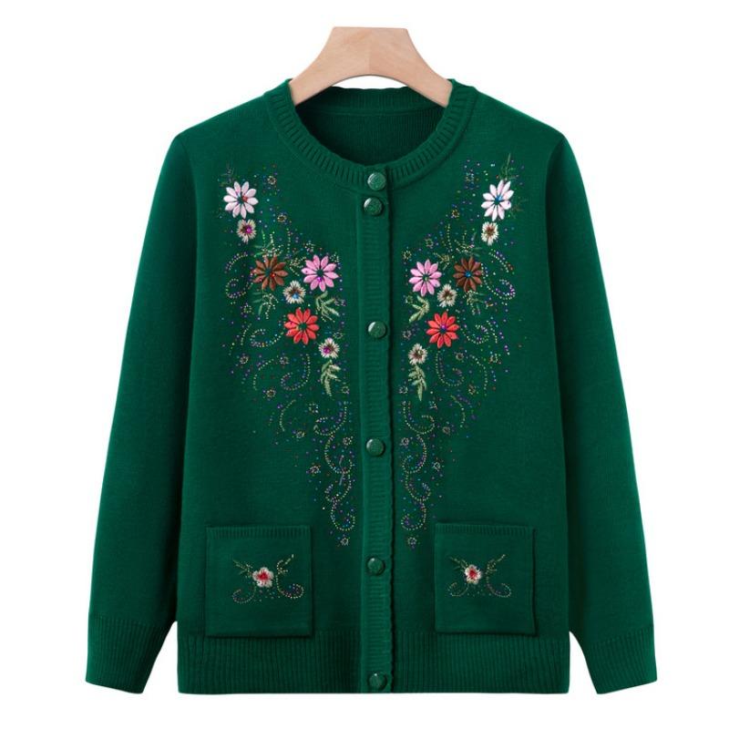 Old Lady Autumn and Winter Knitted Sweater Jacket Grandma Thin Embroidered Sweater Middle Old Man Mother Cardigan