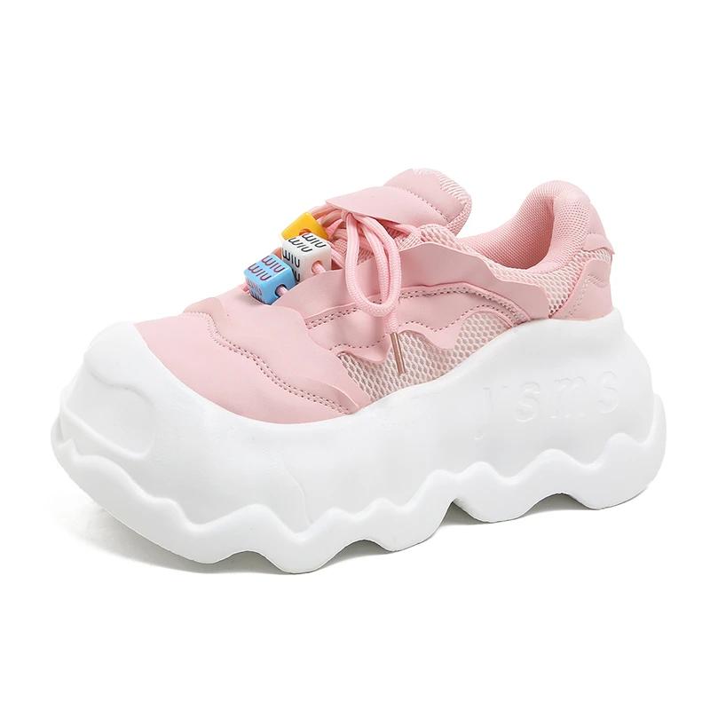 

Модные 8 см Дизайнерские Женские Дышащие Розовые Кроссовки Милые Лоскутные Туфли Кроссовки на Толстой Подошве Повседневная Платформа для Бега Лолита Обувь-Хлеб 39 розовый