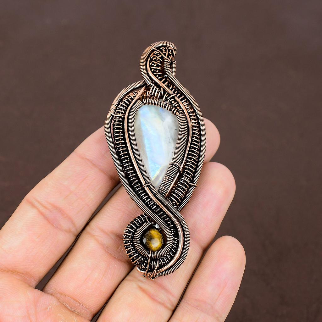 Regenbogenmondstein, Tigerauge Kupferdraht-Wickelanhänger 3,15" l0b70