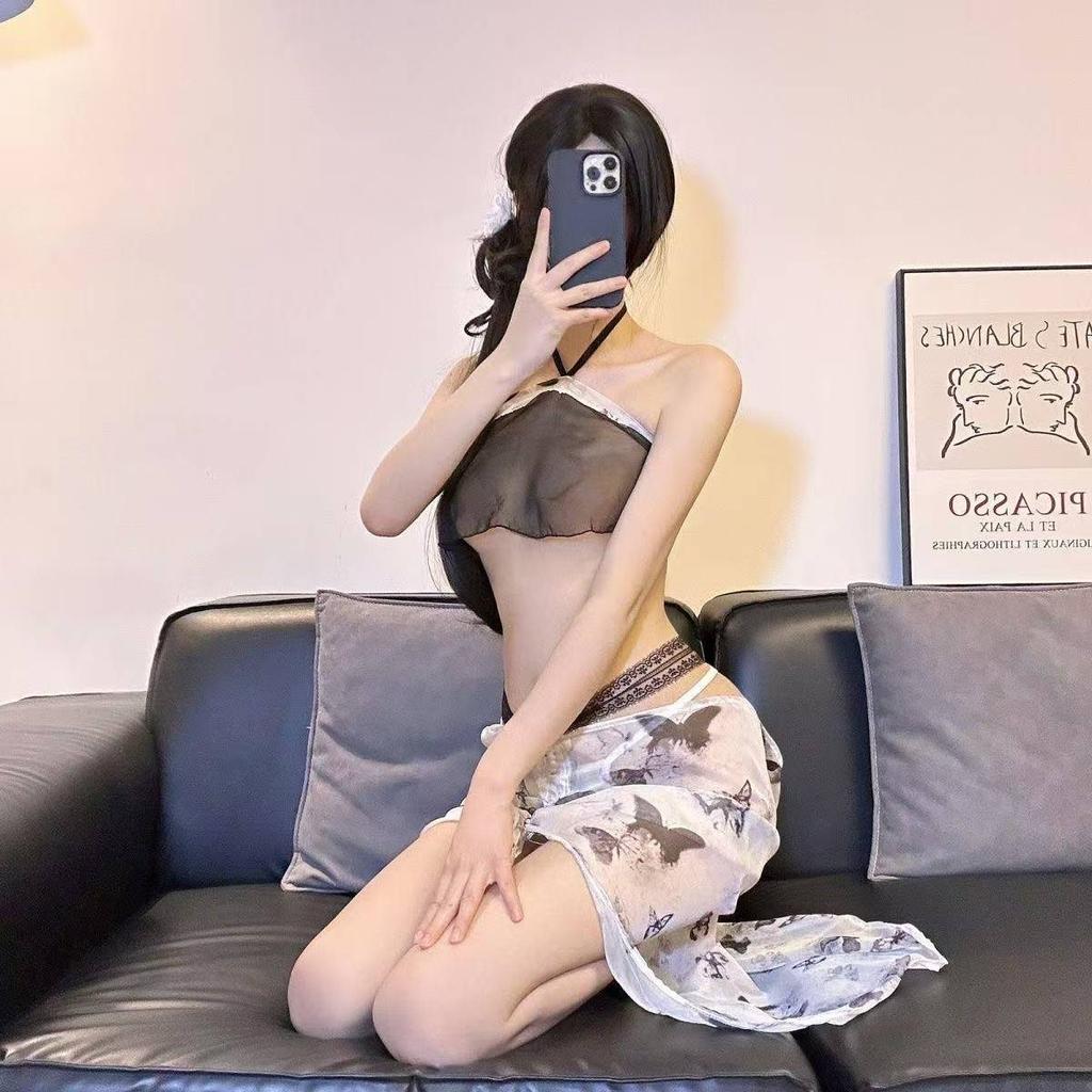Sexy underwear new Chinese ink butterfly printing belly pocket nightdress set sexy pure desire perspective temptation