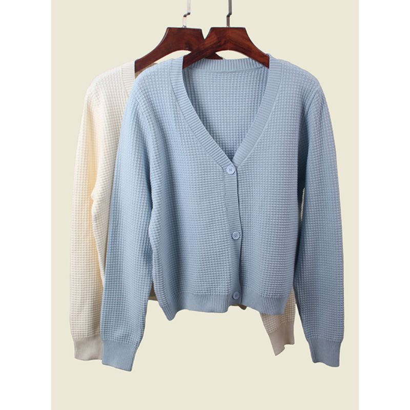 Waffle Texture V Neck Autumn Long Sleeves Cardigan Soft Glutinous Two Wool Core-Spun Yarn Normcore Pure Color Knitting Outwear
