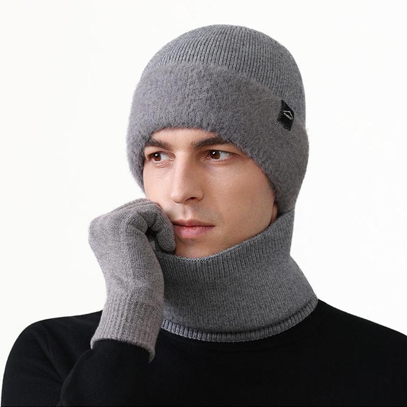 Winter Men's Knitted Hat Scarf Gloves Warm-Keeping Kit Large-Head Velvet Thick Wool Hat