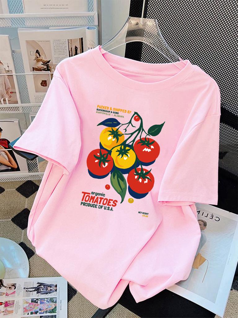Summer Cotton T-Shirts Women Organic Tomatoes Produce Of Usa Prints Short Sleeve O-Neck Comfortable Loose Tops Casual Clothes