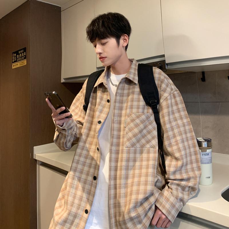 Νέα ανδρική βαμβακερή φαρδιά καρό μακρυμάνικη πουκαμίσα για όλες τις περιστάσεις Άνοιξη και Φθινόπωρο