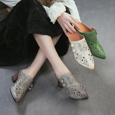 Sandales mules en cuir véritable été 2026 pour femmes Style ethnique Rétro Plateforme à talon haut Bout ouvert