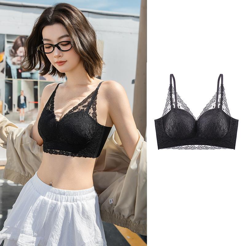 

Autumn and winter sexy deep V French lace underwear small breasts gather without steel rings bra cover U-shaped beautiful back S чёрный