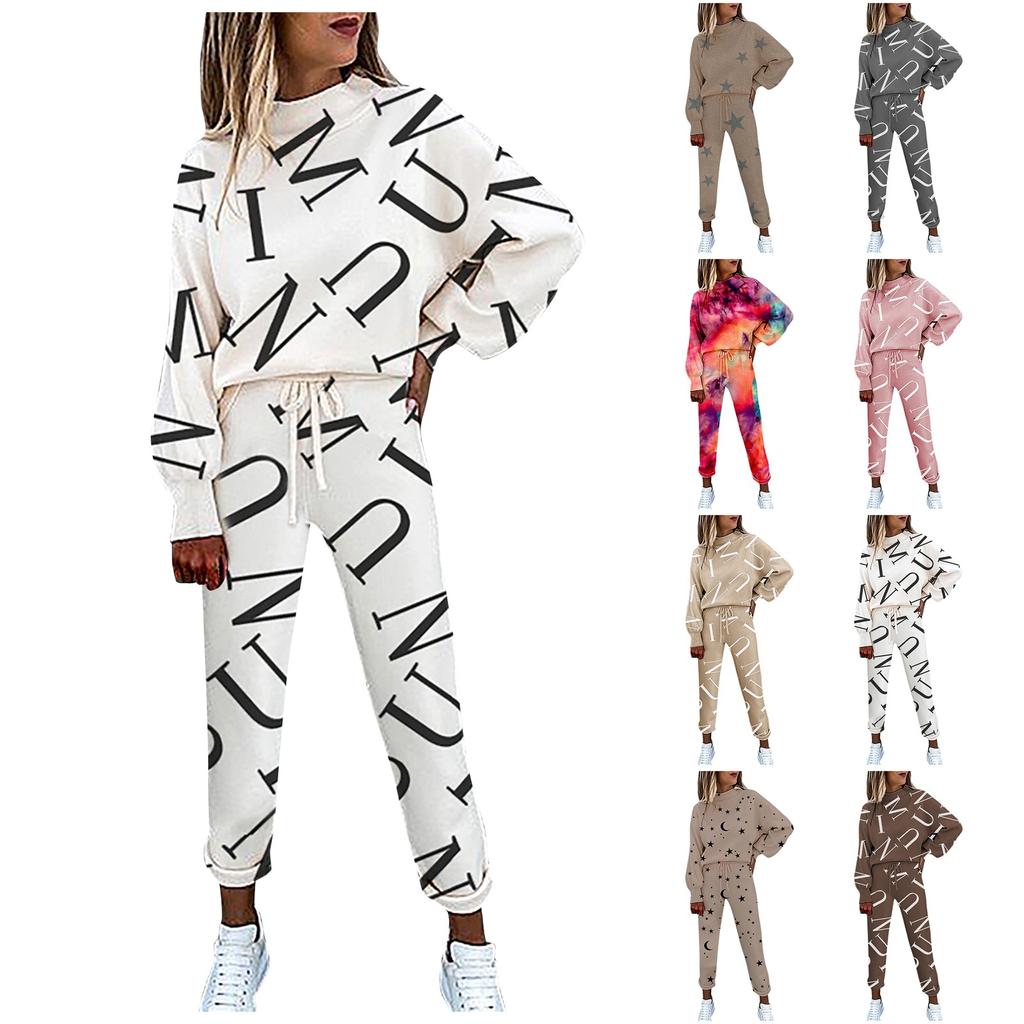 WomenTie-Dye Printed High Neck Lace-up Long Sleeve Fashion Casual Trousers Suit