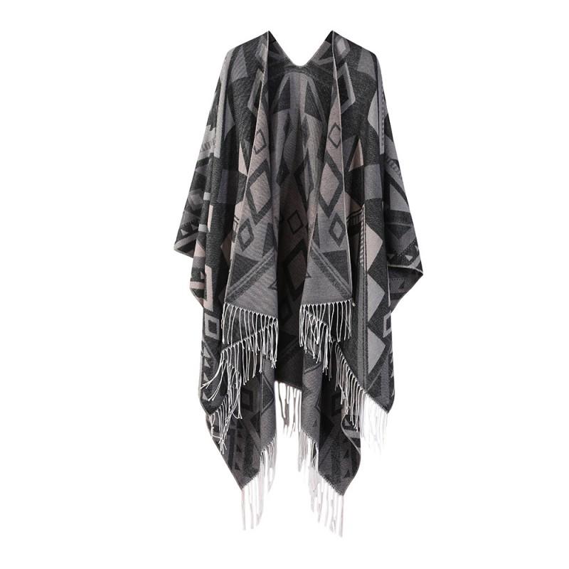 Bohemian Style Knitted Shawl With Fringe Geometric Warm Faux Cashmere Wrap Scarf Women