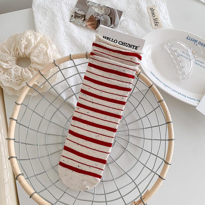 Korean Style Idea Yarn Striped Boneless Socks Women'S Mid-Leg Socks Spring And Autumn Cotton Rolled Hemmed Stacked Socks