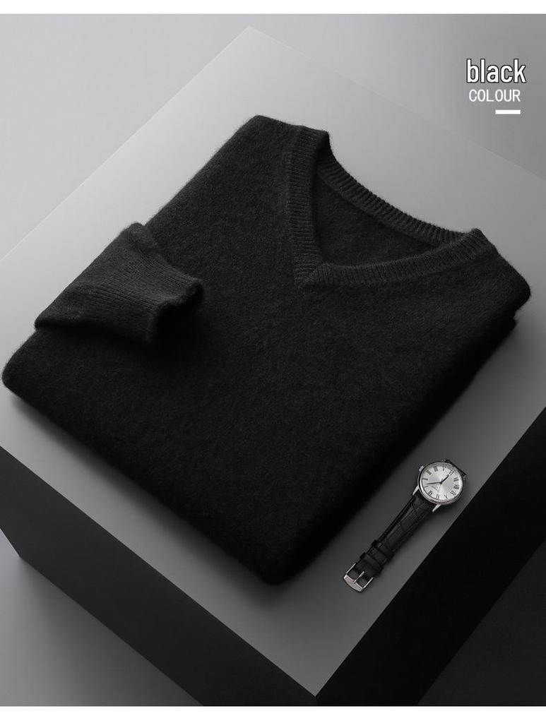 Men's Wool V-neck Sweater - Casual Loose Fit, Long Sleeve, Autumn/Winter Knitted Outerwear.