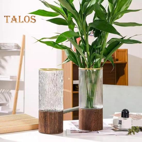 Klar Glass Sylinder Blomstervase med Trebunn Rustikk Bryllupsfest Spisebord Midtpunkt Hydroponisk Blomsterholder Gjennomsiktig Plantebeholder