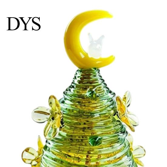 Glass Figurine for Office Glazed Christmas Tree with Star Moon Decor, Rotating Holiday Display Prop Wire Wrapped Desk Mini Tabletop Ornament,
