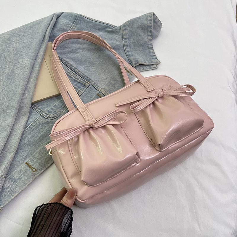 Sweet Bow Pleated Design Women Shoulder Bags Double-pocket Large Capacity Ladies Underarm Bag Solid Color Female Handbags Tote