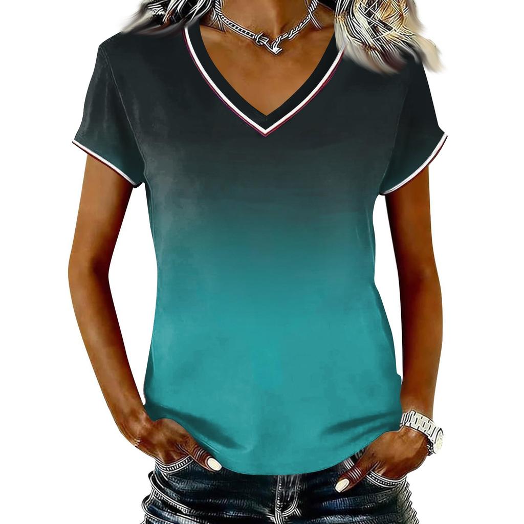 Camiseta Casual de Mujer con Cuello en V y Manga Corta, Jersey con Estampado Degradado, Tejido Ligero y Suave, Ajuste Cómodo