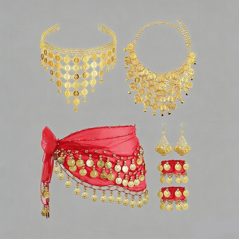 Belly Dance Costumes Bellydance Hip Scarf Wrist Bracelets Coin Head Scarf Earrings Belly Dancer Outfit Set for Womens