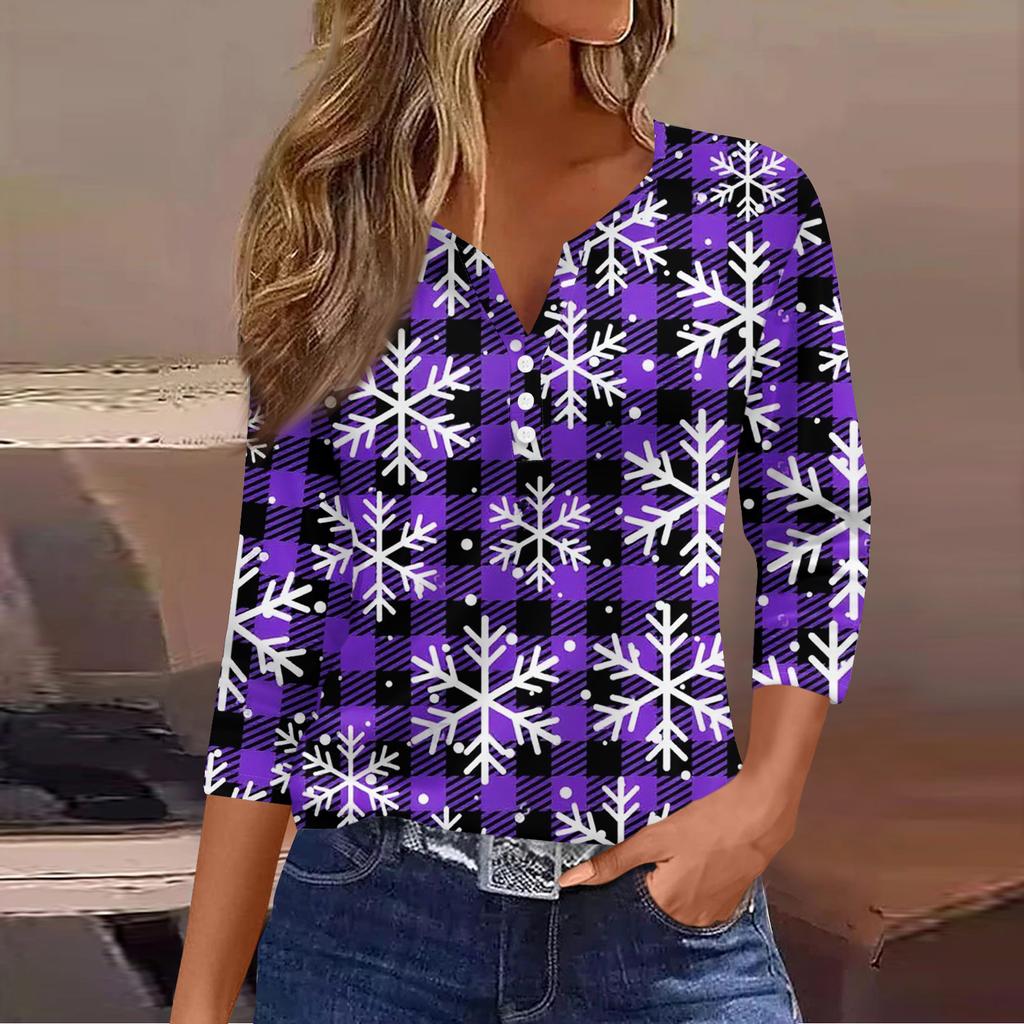 Women's Casual Fashion V-neck Loose Versatile Christmas Print Three-quarter Sleeve Top
