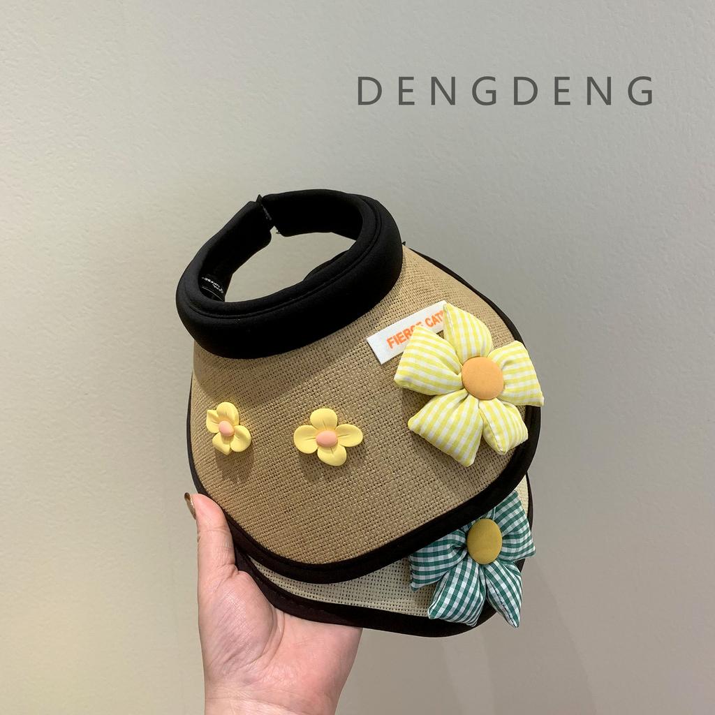 Three Little Flowers Children's Sunscreen Hat Baby Shade Empty Top Hat Summer Shell Hat Women's UV Protection Straw Hat