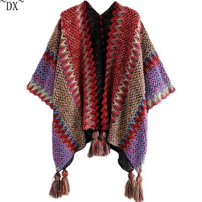 DX ~~ Xinmin wiatr szal szalik kardigan z frędzlami sweter kolor luźny sweter w paski retro płaszcz płaszcz