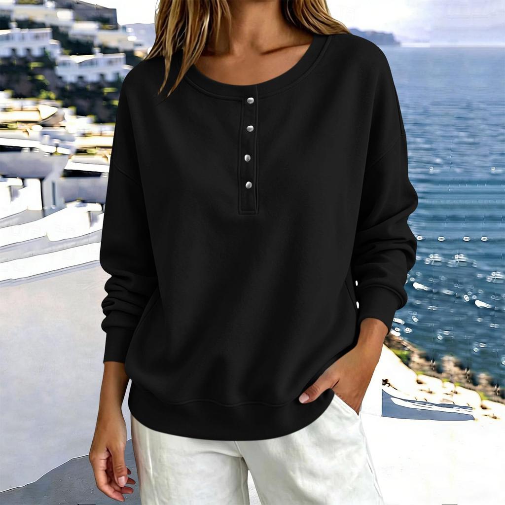 Women's Button Front Neck Pullover Sweatshirt Long Sleeve Color