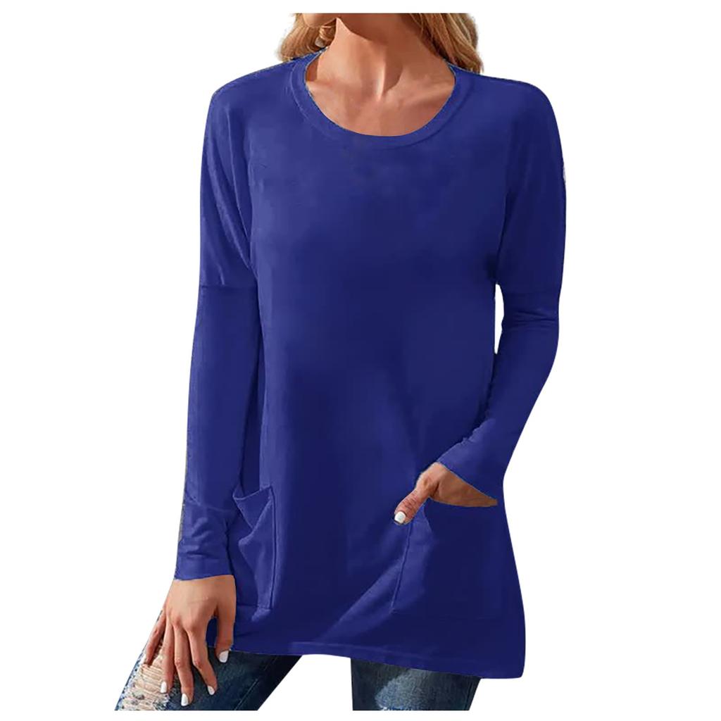 Ladies Casual Fashion Color Loose Round Neck Long Sleeve T-Shirt With Pockets