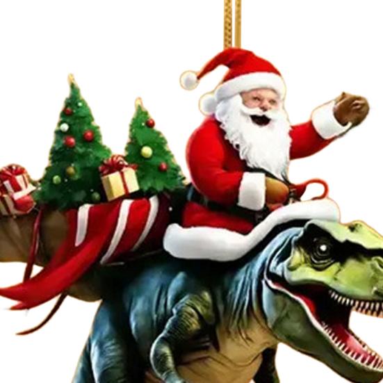 Christmas Pendant Santa Claus On Dinosaur Ornament 2D Flat Acrylic Hanging Decoration for Christmas Tree Mantel Decor