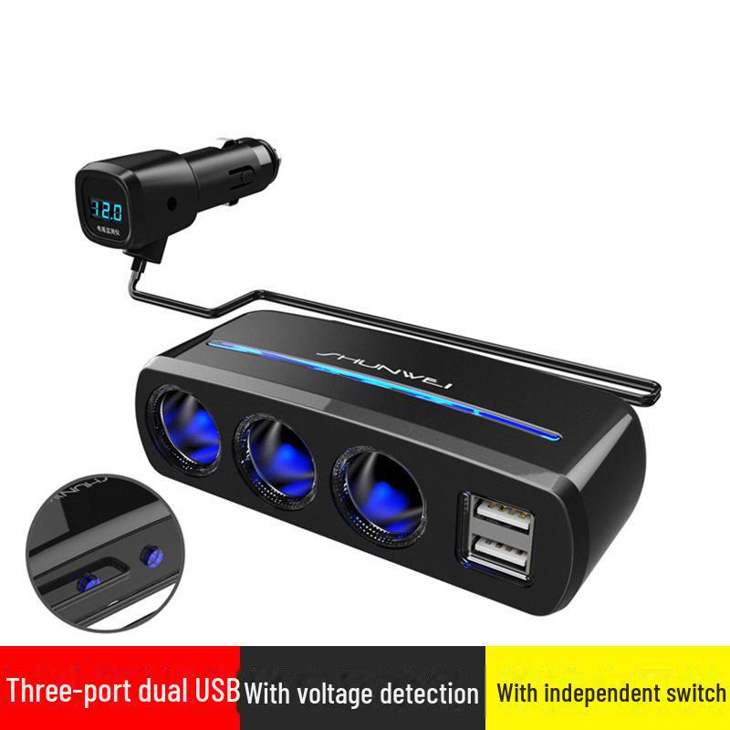 Car Multi-Function Socket & Charger Adapter: 1-to-3 Cigarette Lighter, 1-to-2 Power Distributor Plug