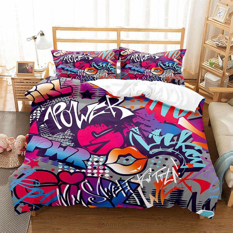 Graffiti Duvet Cover Set Cute Hip Hop Style Polyester Comforter Cover With Pillowcase Queen Full Size For Kid Teen Bedding Set