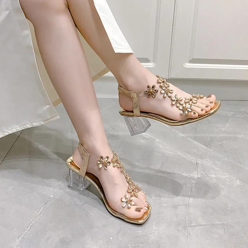 

Fashion 2025 Women s Shoes Summer Open Toe Women s Sandals New Fashion Bling Flowers Rhinestone Dress Sandals Women Heeled Sandalias 42 золотой